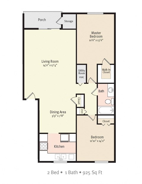 Floor plan for 2 beds, 1 bath, 925 sqft